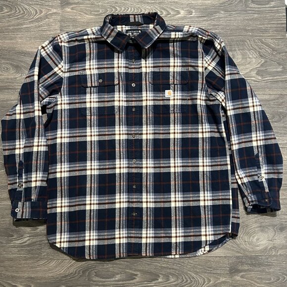 Carhartt 2XLT Loose Fit Heavyweight Flannel Long Sleeve Plaid Shirt Navy 105078 - Picture 11 of 11